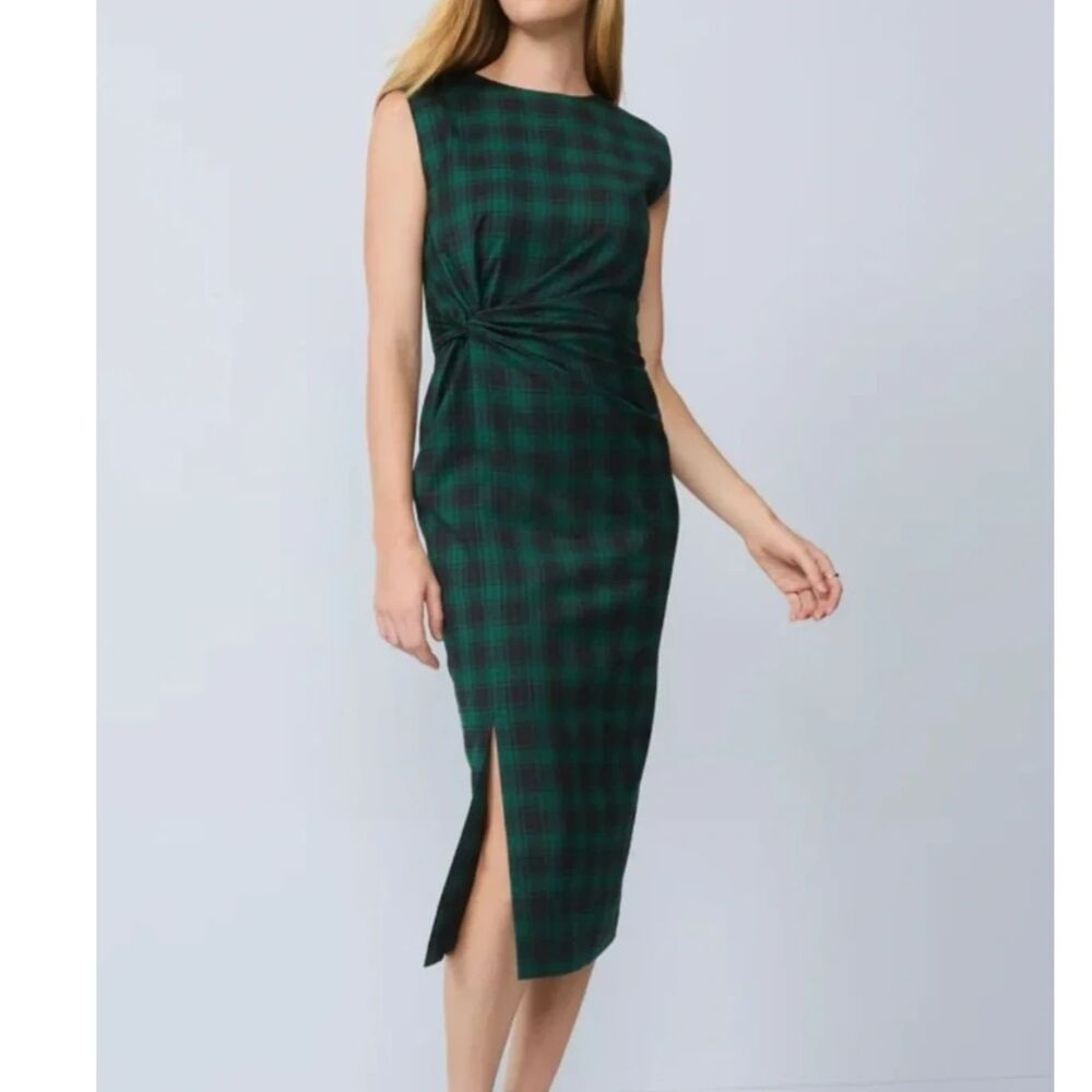 Ann Taylor Green Plaid Midi Twist Sheath Dress  Size10